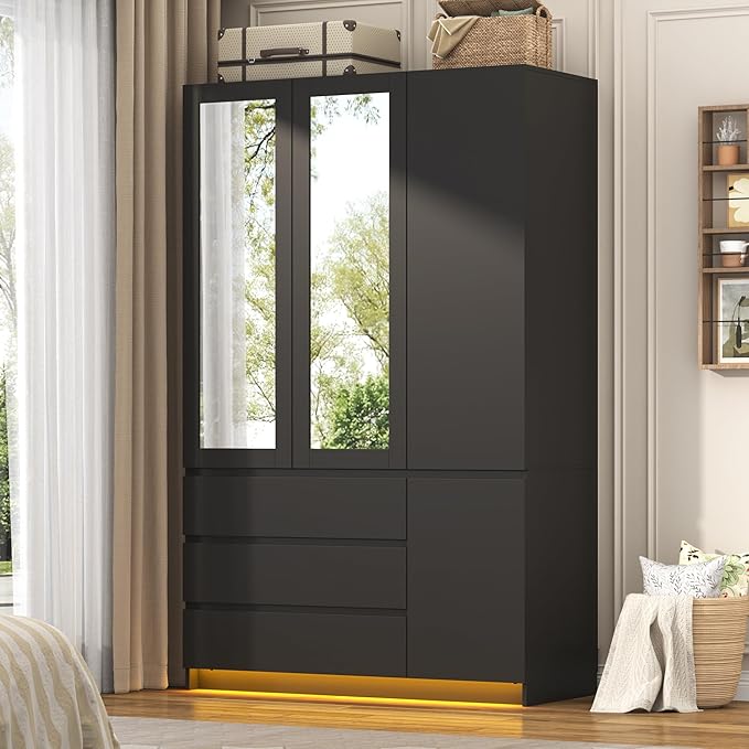 3 Doors Armoire Wardrobe Closet with 3 Drawers & Mirror, Modern Wooden Bedroom Armoires with Hanging Rod Led Lights for Bedroom, Black