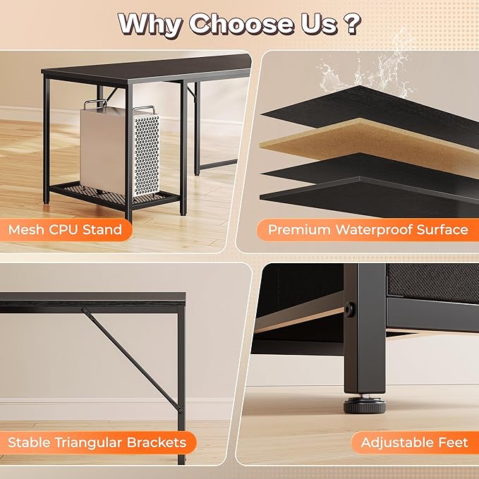 PRAISUN 66 Inch L Shaped Computer Desk with Power Outlets and LED Lights, Home Office Desk with Fabric Drawers and Print Stand, L Shape or Long Set up, Monitor Stand, Mesh CPU Stand, Black