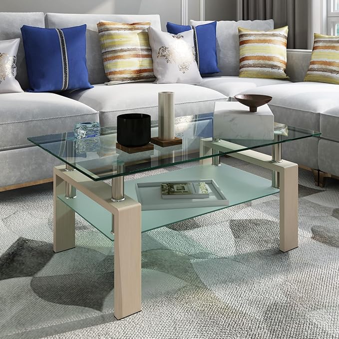 Glass Coffee Table Rectangle Living Room Center Table, 39inch Transparent Tempered Glass Tabletop and Beige Wood Grain Metal Legs, Beige + Clear Glass