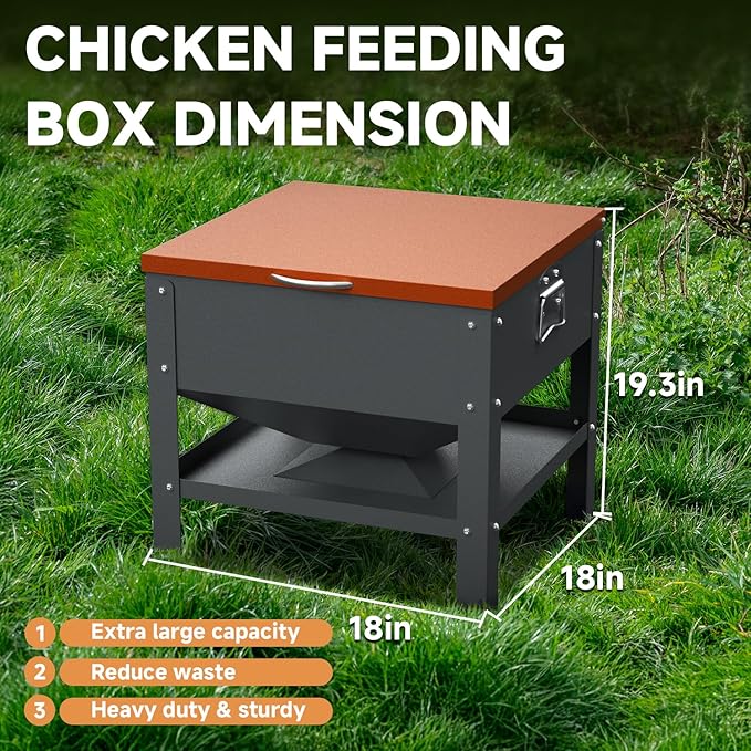 Automatic Metal Chicken Feeder,80lb Large Capacity Portable Gravity Chicken Feeder Box with Weatherproof Lid, No Waste Poultry Feeder for Ducks, Geese(Orange Lid)