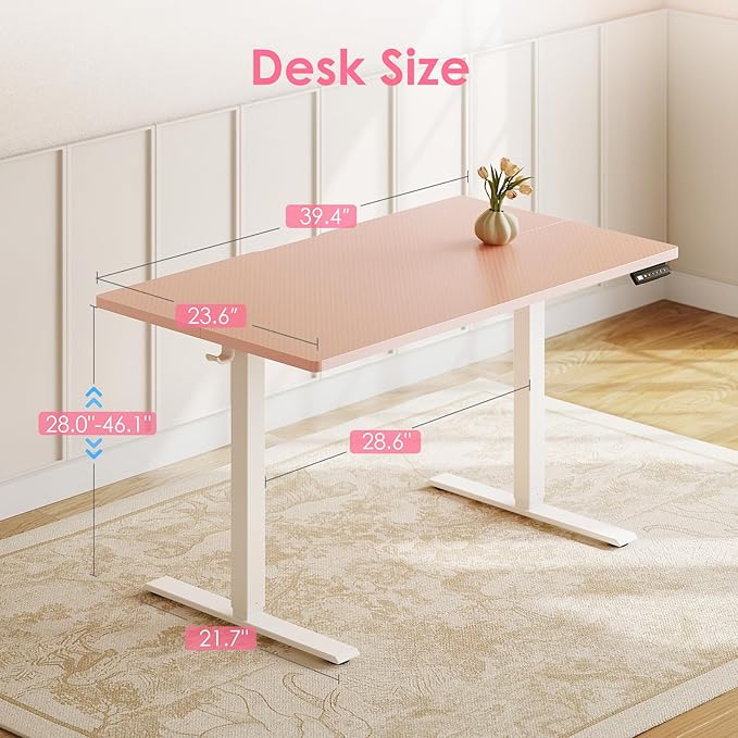 OffiGo Electric Height Adjustable Standing Desk, 40 Inch Pink Computer Desk for Women Girls, Sit Stand Table for Home, Office, Bedroom