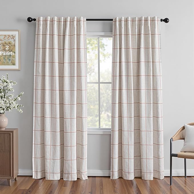 MYSKY HOME 100% Blackout Plaid Farmhouse Linen Curtains 90 Inch Long 2 Panels Set for Living Room Double Layer Checkered Drapes Thermal Insulated Privacy Protection Rod Pocket Back Tab, 52" W, Tan