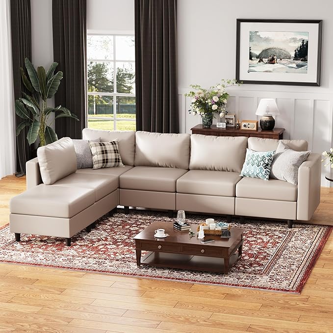 118.5" Faux Leather Modular Sectional Sofa, L Shaped Couch Set for Living Room, 6-Seater Comfy Cloud Couches with Movable Storage Ottoman Whitesand