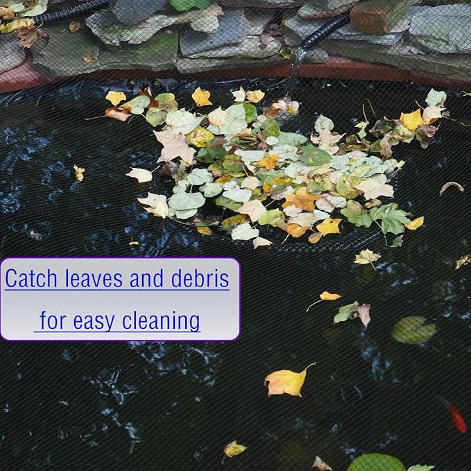 JUNFLYING 10x10 Ft Pond Netting for Leaves, 1/2 in Fine Mesh, Strong Woven Koi Fish Net Cover, Against Birds, Cats & Predators, Stakes Included