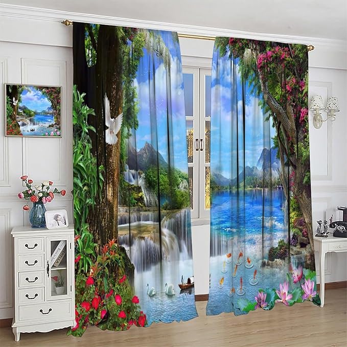 Spring Jungle Waterfall Blackout Window Curtains, Tropical Rainforest Floral Tree Waterfall Landscape Print Window Drapes, for Living Room Bedroom 42x54in 2 Panels