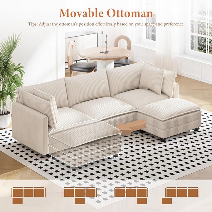 Vesgantti 109" L Shaped Cloud Sectional Couch, Comfy Corduroy Upholstered Modular Couches for Living Room, Modern 3 Seater Sectional Sofa with Ottoman Deep Seat, Beige