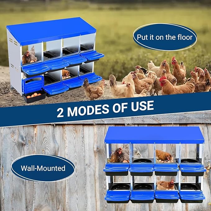 Chicken Nesting Box, 8 Hole 2 Layer Hen Nest Boxes, Roll-Away Egg Collection System with Ventilation Holes，Rustproof Plastic Tray & Keyhole Mounting, Chicken Laying Box