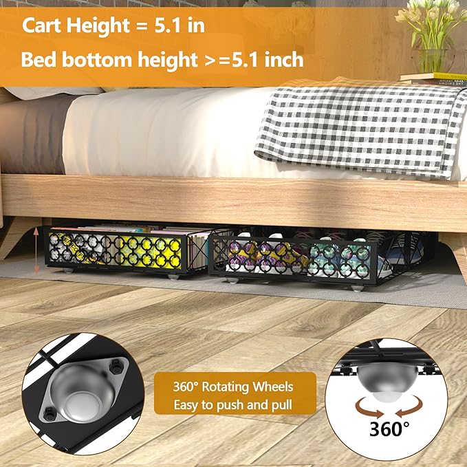 NADAMOO Low Profile Under Bed Storage with Wheels, 4 Pack Rolling Storage Containers, Foldable Metal Organizer Bins