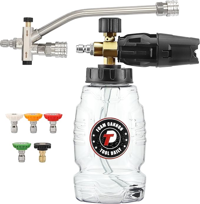 Tool Daily Pressure Washer Foam Cannon with Dual Connector Accessory, Double Tip Attachment for Soap Cannon, 5 Power Washer Nozzle Tips, 1/4” Quick Connect