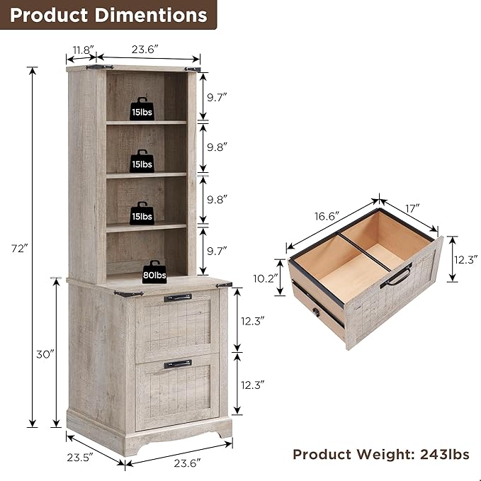 RedLemon Bookcase with 2 File Drawers, 72" Tall Farmhouse Bookshelf with Storage and Adjustable Shelves, 4 Tier Rustic Wood Bookshelf with Cabinet for Home Office, Living Room (Light Rustic Oak)