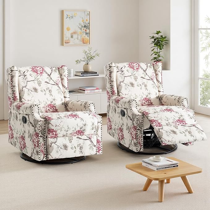 UIXE Swivel Rocker Manual Recliner Chairs Set of 2, Wingback Swivel Glider Fabric Nursery Reclining Sofa Chair, High Back Upholstered Arm Chair for Living Room Bedroom - Beige Floral