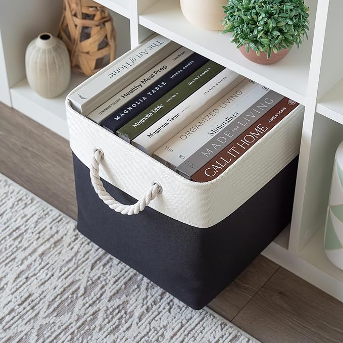 OrganiHaus 12x12 Cube Storage Bins 4 Pack, Foldable Cube Storage Organizer w/ Rope Handles, Collapsible Fabric Bins for Toys, Clothes & Closet Organization, Fabric Square Baskets - Black/White