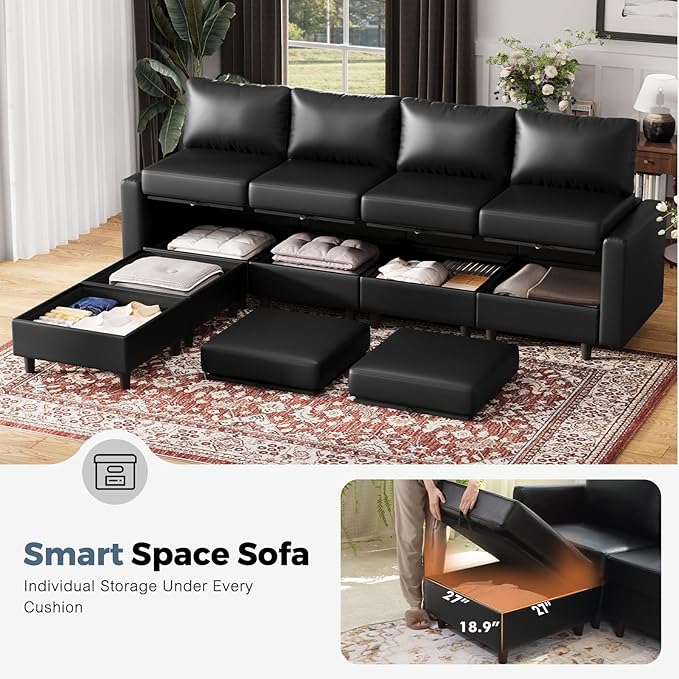ABCASA Oversized 145.5" Faux Leather Modular Sectional Sofa, Modern Large 10 Seater U Shaped Couch with Storage Seat with Reversible Chaise Deep Seat for Living Room DIY Combination - Black