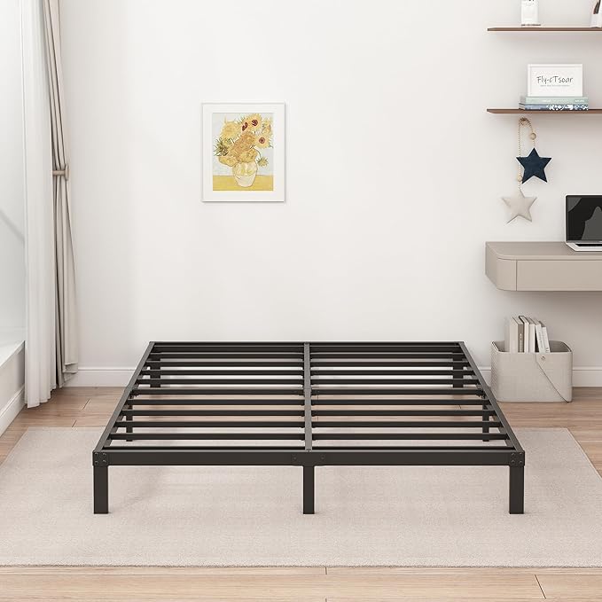 9 Inch Low Queen Bed Frame Heavy Duty Metal Platform, No Box Spring Needed, Easy Assembly Mattress Foundation, No Noise, Black