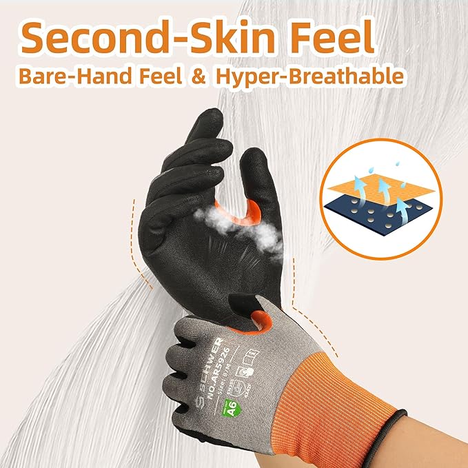 Schwer A6 AIR-SKIN Cut Resistant Work Gloves, Comfortable & Breathable, 21-Gauge Seamless Knit Flexible Safety Working Gloves with Grip for Refined Task, Touch-screen, 150 Pairs, L, AR5926