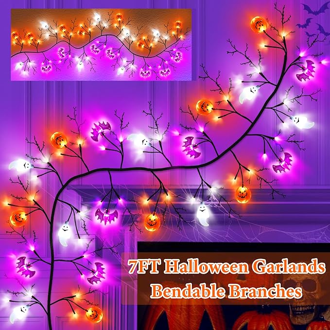 7 Ft 63 LED Halloween Willow Vine Twig Garland with 8 Modes Timer Orange Purple White Lights,7 Pumpkin Bat Ghost, Garland with Battery Operated for Wall Fireplace Halloween Decorations
