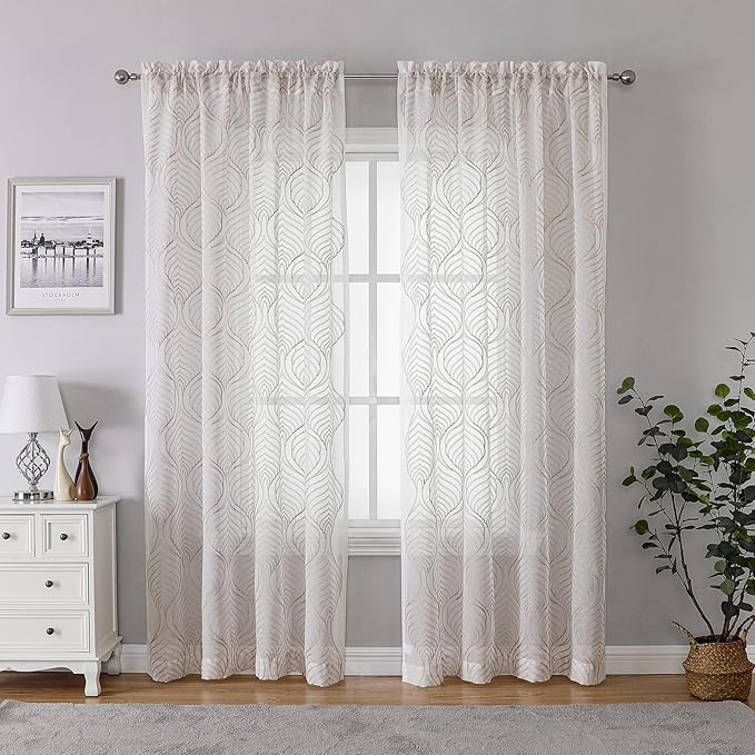 VISIONTEX Sheer Curtains 84 Inches Long 2 Panels Set Taupe Moroccan Embroidery Texture Geometric Rod Pocket Ivory White Voile Tulle Semi Window Treatment Pair for Bedroom Living Room 54 x 84 Inches