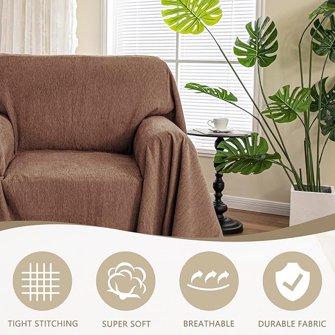 MYSKY HOME Chair Couch Covers Sectional Couch Covers for Pet Sofa Covers Non Slip Soft Couch Sofa Cover, Washable Furniture Protector Sofa Slipcover with Tassel Sofa Throws, 71"x91", Chocolate