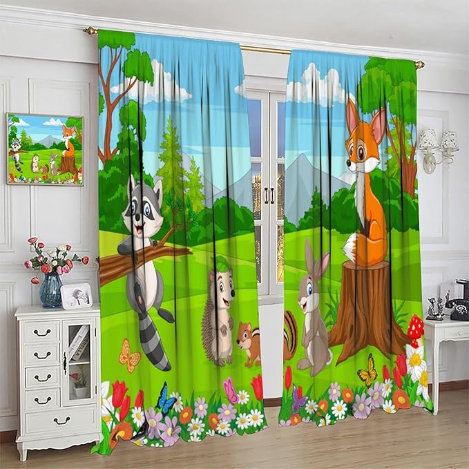 Safari Animal Curtains for Kids Cartoon Woodland Wildlife Jungle Animals Window Treatments for Boys Girls Bedroom Cute Fox Forest Nursery Children Drapes for Living Room W63xL63