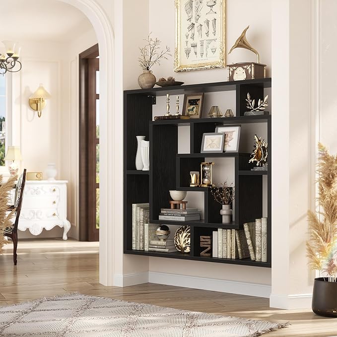 Armocity 5 Tier Display Book Shelf Wall Mounted Bookshelf Freestanding Geometric Bookcase Floating Book Shelves for Wall Bedroom Living Room Home Office, 45.5"(W) * 47"(H), Black
