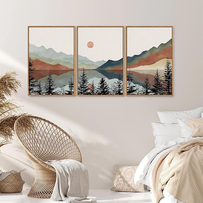Tinonedraw Boho Mountain Framed Canvas Wall Art Set, Watercolor Nature Landscape Wall Decor, Black Pine Forest Artwork, Modern Sunrise Art Prints for Living Room, Bedroom, Office 16"x24"x3