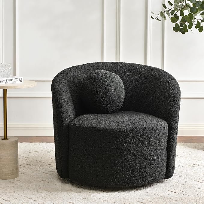 KINWELL Sherpa Swivel Barrel Chair & Round Ball Pillow Set - 34" Wide Modern Boucle Accent Chair with 9” Matching Nordic Decorative Throw Pillow for Living Room and Bedroom(Black)