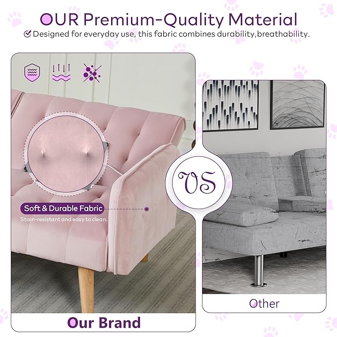TYBOATLE 65" W Velvet Modern Convertible Folding Futon Couch Sofa Bed w/ 2 USB Charging Ports and arms, Loveseat for Compact Living Space, Dorm, Game Studio, Bonus Room, Apartment, Bedroom (Pink)