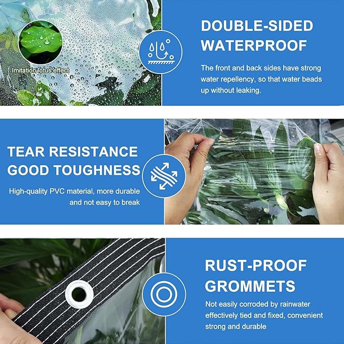 7x11 FT Clear tarp Waterproof Heavy Duty,Plastic Tarp Edge Heat Fused Rope+Tie-Downs, with Outdoor Patio Enclosure Chicken Coop Cover Waterproof Transparent Tarpaulin, for Porch Greenhouse Plant