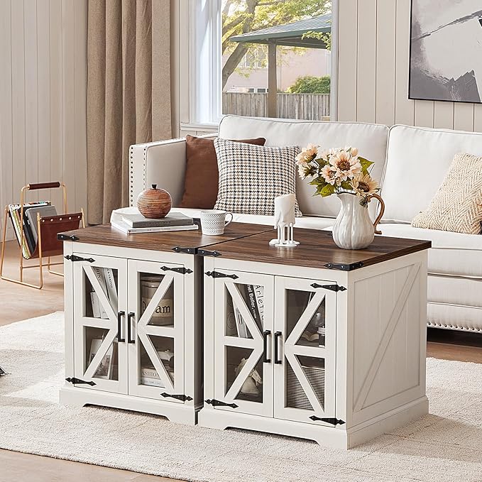 24" End Table Set of 2 with Charging Station, Farmhouse Night Stand with Glass Barn Door, Nightstands with Adjustable Storage Shelf, Large Wood Square Bed Side Table for Living Room,Bedroom