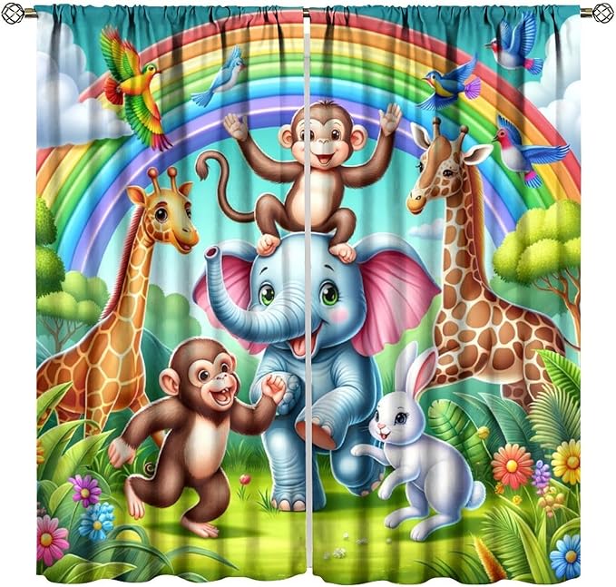 Animals Window Curtain Rod Pocket Kids Boys Girls Forest Giraffe Elephant Monkey Flowers Window Treatment for Baby Children Bedroom Living Room 63" W X 63" L