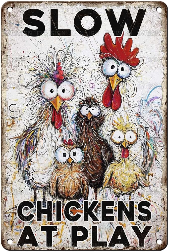 Slow Tin Sign Chickens at Play Vintage Hen Rooster Metal Sign Nostalgic Rustic Chicken Lovers Wall Decor Decorations for Home Farmhouse Poultry House Coop Yard 12 * 8In