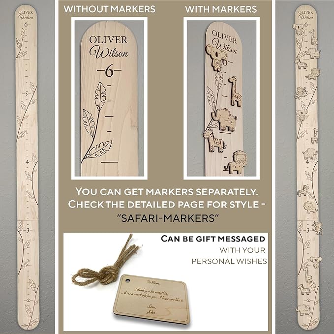 Personalized Jungle Growth Chart Wood - Engraved Growing Ruler Chart for Kids, Children Measuring Height Chart Baby Boy, Large Measuring Board Wooden, Animals Growing Wall Measurement, 2 Sizes