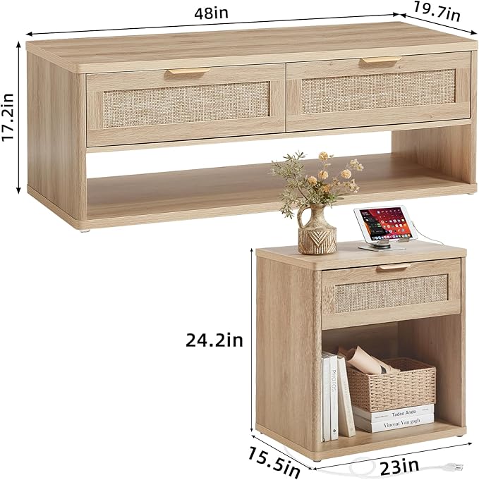 LEYAOYAO Boho Rattan Coffee Table Sets 2 Pieces, Nightstand with Charging Station and Coffee Table with Hidden Storage Compartment, Natural Living Room Table Set, Wood Furniture Sets for Home Office