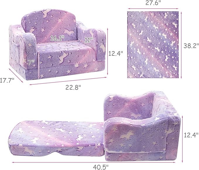 Comfy Toddler Couch and Chair for Kids with Blanket, 2-in-1 Soft Plush Fold Out Kids Sofa Chairs for Girls and Boys, Convertible Sofa to Lounger for Playroom