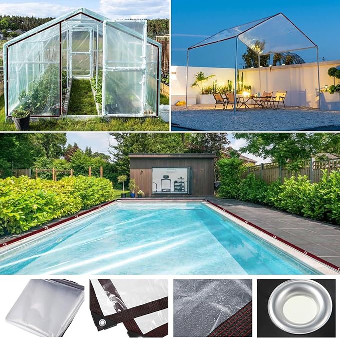 Clear Tarp - Waterproof tarp 6X10FT with Grommets,Clear Vinyl Tarps for Outdoor Porches Transparent Tarpaulin for Patio Enclosure Roofs Greenhouse Plant Chicken Coop Cover