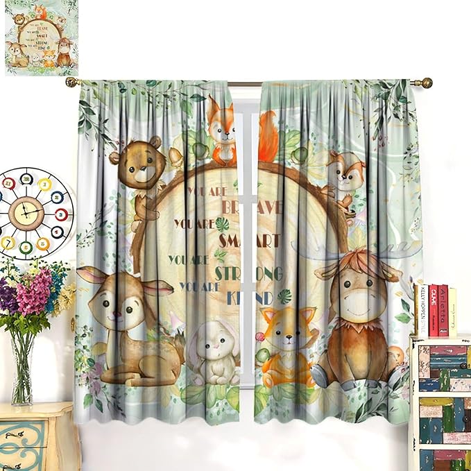 Kids Safari Animal Curtains Cute Watercolor Wildlife Jungle Window Treatments for Boys Girls Bedroom Inspirational Motivational Quotes Nursery Children Drapes for Living Room W42xL45