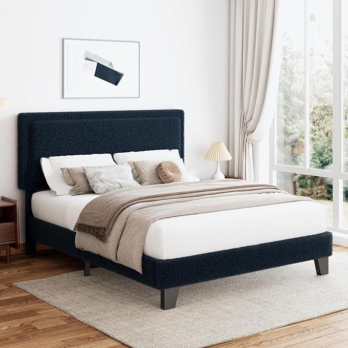 Full Size Boucle Bed Frame, Upholstered Platform Cloud Bed Frame with Headboard, Soft Teddy Fabric, Modern Style, No Box Spring Required, Easy Assembly, Blue-Black