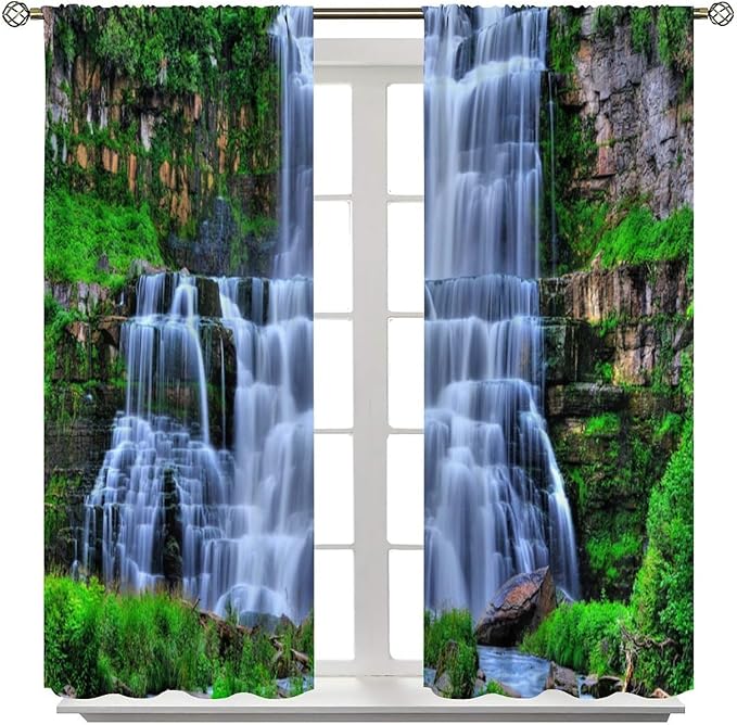 Nature Scenery Waterfall Blackout Curtains, Forest Waterfall Landscape Green Jungle Stone Falls Print Pattern Rod Pocket Window Drapes, for Bedroom Living Room 63" W X 63" L