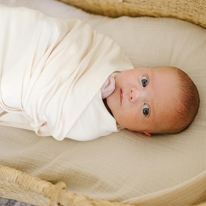 Konssy Knit Baby Blanket 2 Pack, Soft Ribbed Swaddle Receiving Blankets for Boys & Girls, Lightweight Cozy Swaddling Wrap for Newborns, Infants, & Toddlers, 33x42 Inch (Blue, Beige)