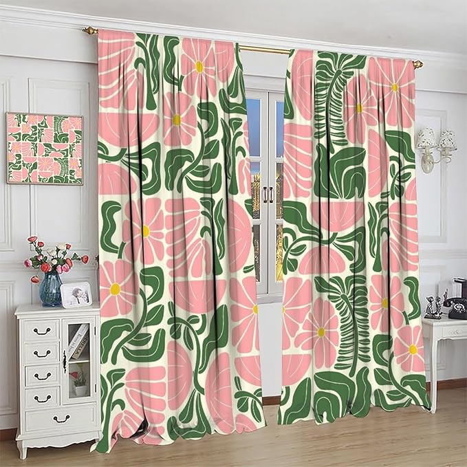 70s Flowers Curtains,Retro Geometric Boho Vintage Botanical Green Pink Flower Curtain for Bedroom Living Room Bathroom Window Curtains,70s Mid Century Flowers Window Treatments 52" W X 84" L