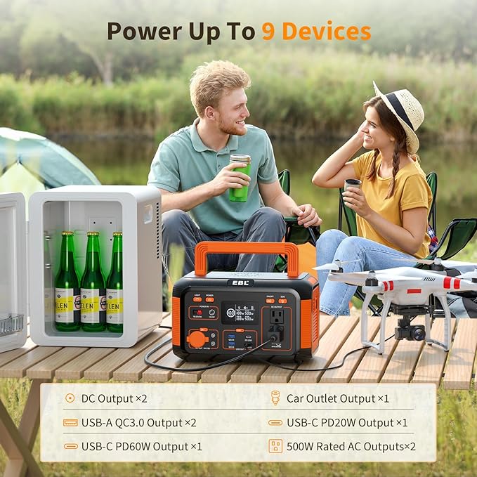 EBL Portable Power Station 500W, 444Wh Backup Lithium Battery, 500W Solar Generator For Outdoors Camping Travel Home Emergency Use (Solar Panel Optional)