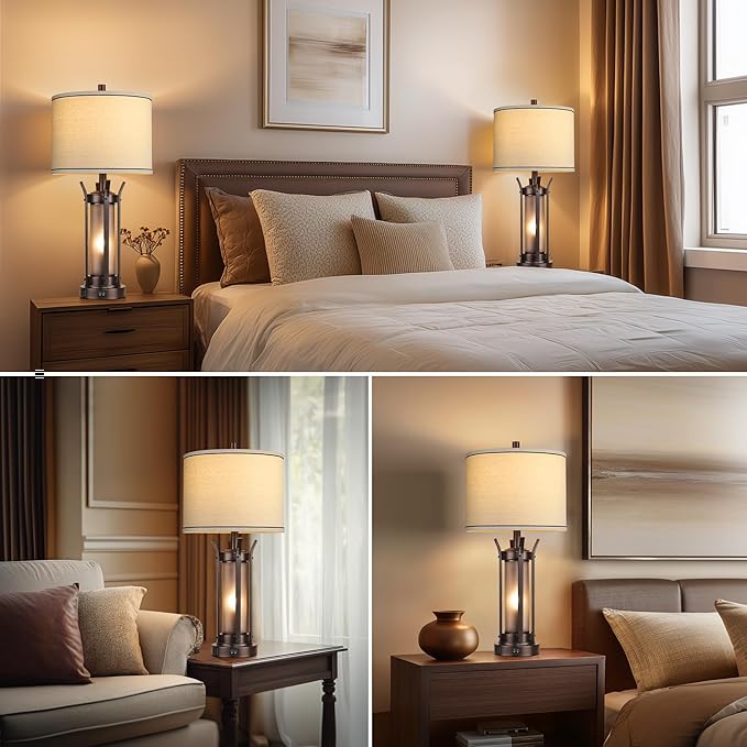 QiMH Farmhouse Table Lamps Set of 2 for Living Room, Beside Lamps for Bedroom with USB A+C Charging Ports, Rustic Nightstand Lamp with Frosted Glass Night Light, 4 Bulbs Included (Oil Rubbed Bronze)