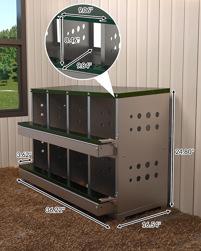 GarveeLife Wall-mountable Roll Away Metal Chicken Nesting Box for Laying Eggs, Rustproof Chicken Laying Boxes for Hens, Ventilated with Perch, Waterproof (Green, 8 Compartments with 8 Fake Eggs)