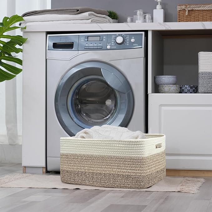 COMFY-HOMI 2 pcs Large Storage Baskets for Shelves, Laundry Basket, Woven Rope Basket, Closet Organizer Bins for Clothes Blanket Towels, Baby Nursery, Gift Toy Baskets, 17” x 13” x 7.5”-White/3 Brown