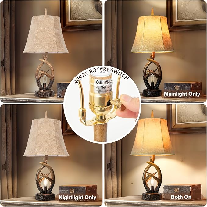 Scenekoy Rustic Farmhouse Antlers Bedside Table Lamp Set of 2