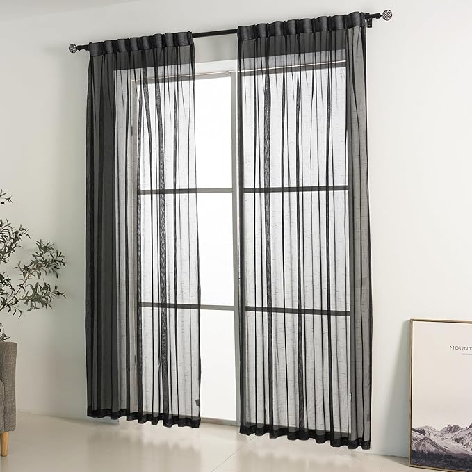 Black Linen Look Pinch Pleated Sheer Curtains 108 Inches Long 2 Panels, 50 Inches Width, Rustic Textured Light Filtering Drapes, Dark Moody Floor to Ceiling Window Curtain with Hooks
