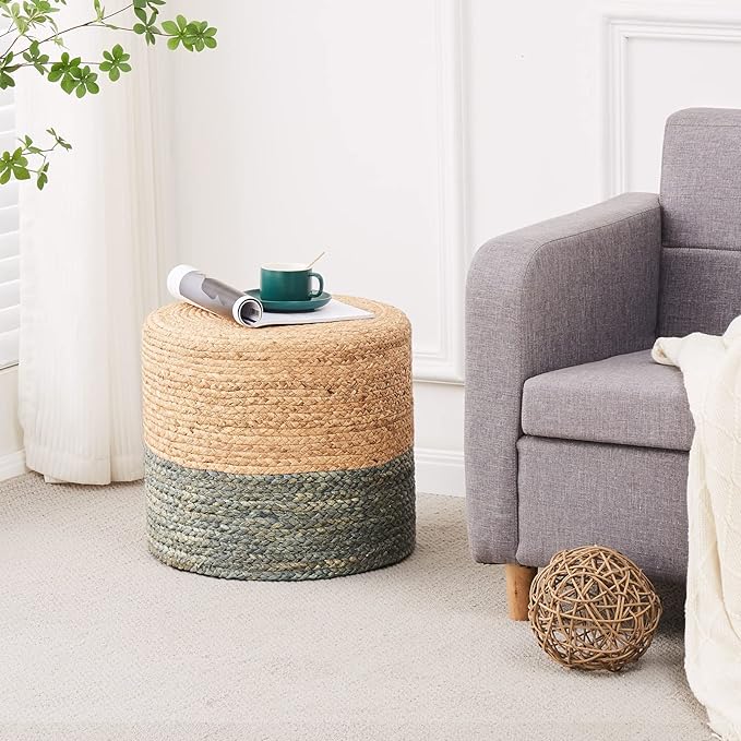 Wimarsbon 18'' Ottoman Pouf, Natural Braided Poof, Rustic Handweave Lounge Pouffe, Boho Footrest Stool for Bedroom, Accent Table or Seat for Living Room (Dusty Blue)