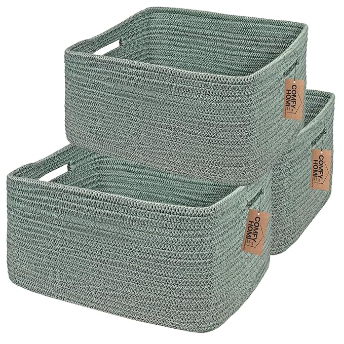 COMFY-HOMI 3 pcs Large Storage Baskets for Shelves, Laundry Basket, Woven Rope Basket, Closet Organizer Bins for Clothes Blanket Towels, Baby Nursery, Gift Toy Baskets, 17” x 13” x 7.5”-Green
