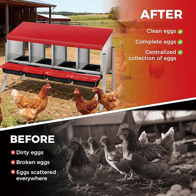 4-Hole Chicken Nesting Box, Roll Away Nest with Removable Tray, Easy Egg Collection & Cleaning, Wall-Mount Nesting Boxes for Hens, Chicken Coop - Red