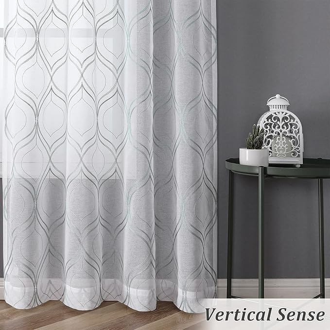 VISIONTEX White Sheer Curtains 63 Inch Length 2 Panels Set Green Moroccan Embroidered Curtains Trellis French Textured Rod Pocket Voile Tulle Semi Window Drapes for Bedroom Living Room 54 x 63 Inches
